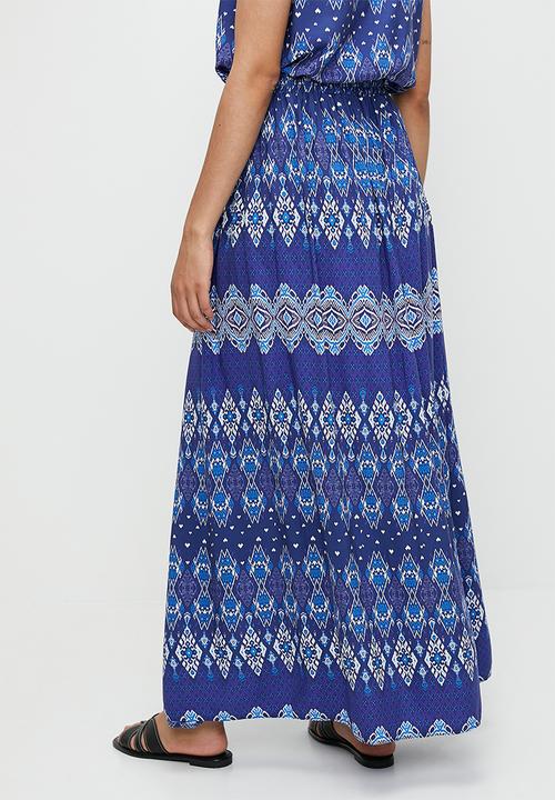 edit - Co-ord border printed midi skirt - peacock blues linear print
