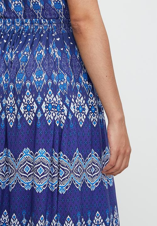 edit - Co-ord border printed midi skirt - peacock blues linear print