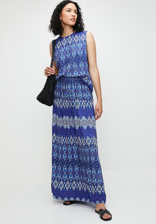 edit - Co-ord border printed midi skirt - peacock blues linear print