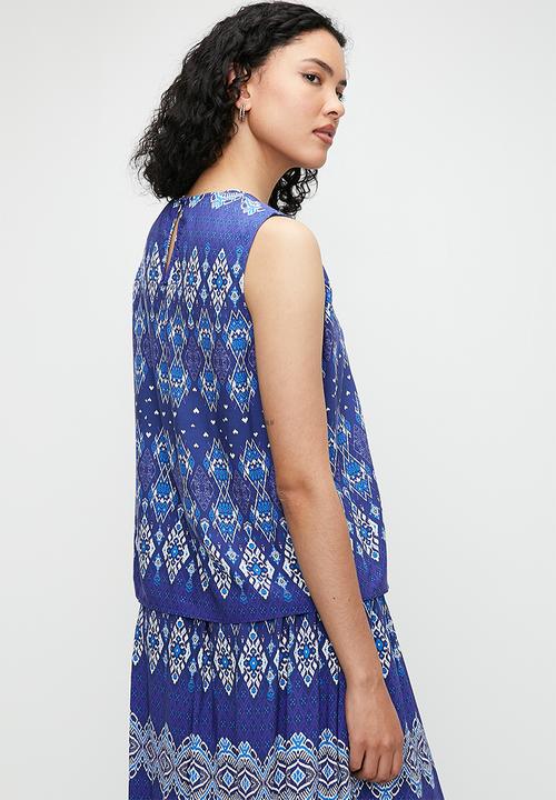 edit - Printed sleeveless shell - peacock blues linear print