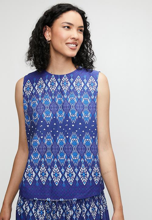 edit - Printed sleeveless shell - peacock blues linear print