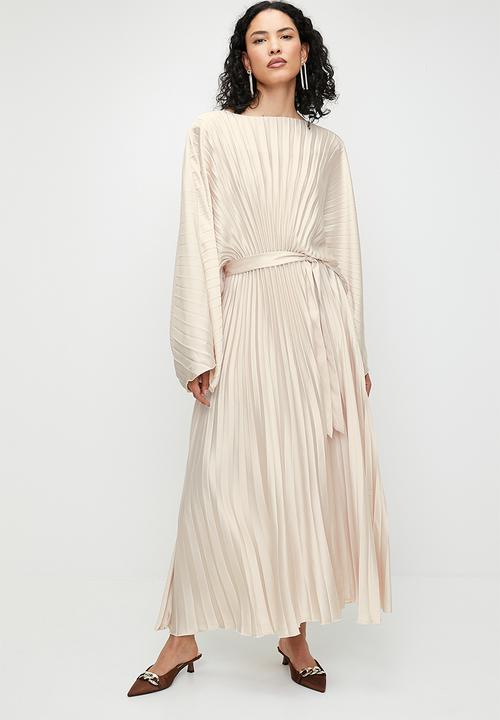 edit - Pleated dolman sleeve with tie dress - pearl