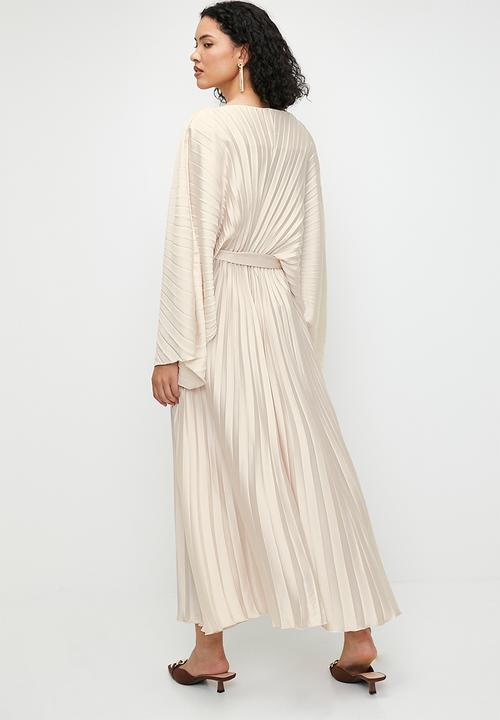 edit - Pleated dolman sleeve with tie dress - pearl