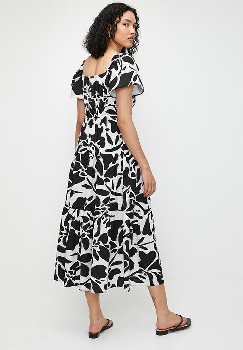 edit - flutter sleeve tiered midi dress - Black Ecru Abstract