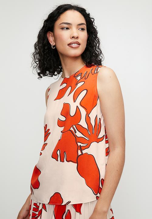 edit - Printed sleeveless shell - Red leaf silhouette 