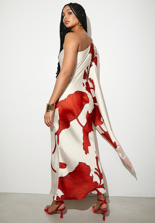 VELVET - Asym cape sleeve maxi slip dress - macro lined leafy flowers