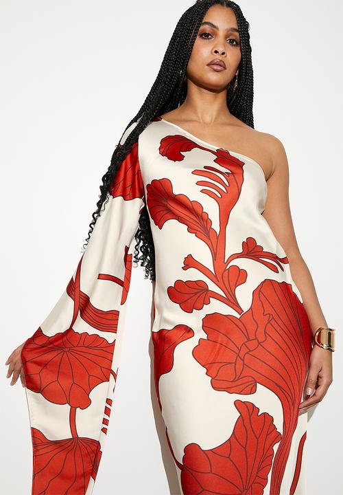 VELVET - Asym cape sleeve maxi slip dress - macro lined leafy flowers