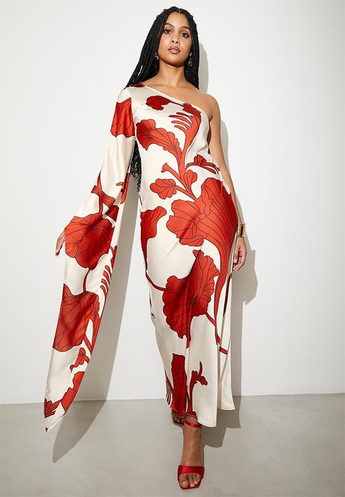 VELVET - Asym cape sleeve maxi slip dress - macro lined leafy flowers