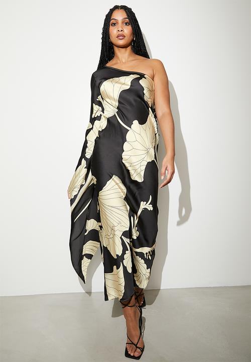 VELVET - Asym cape sleeve maxi slip dress - outlined macro hibiscus