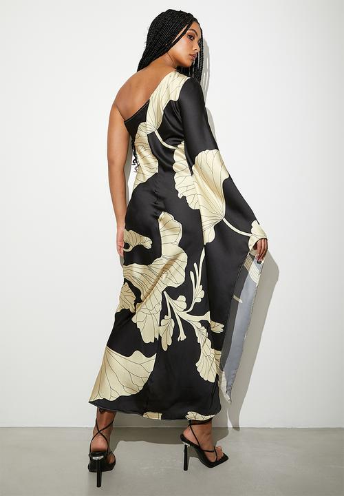 VELVET - Asym cape sleeve maxi slip dress - outlined macro hibiscus