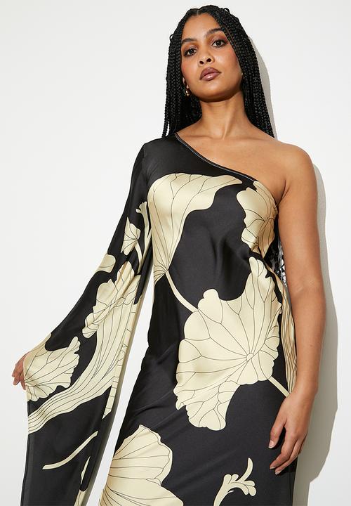 VELVET - Asym cape sleeve maxi slip dress - outlined macro hibiscus
