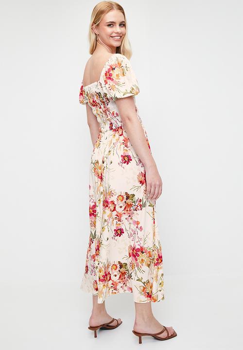 MILLA - shirring fit & flare midi dress with ruffle - cottage core ditsy