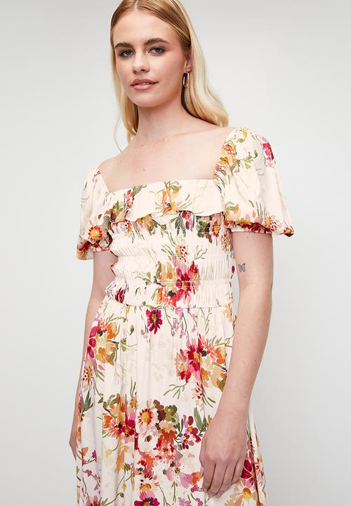 MILLA - shirring fit & flare midi dress with ruffle - cottage core ditsy