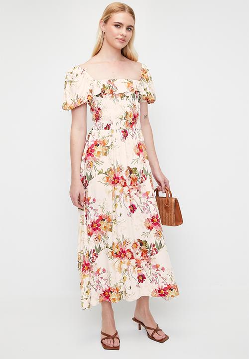 MILLA - shirring fit & flare midi dress with ruffle - cottage core ditsy