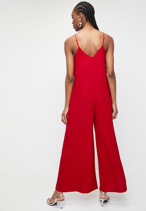 Superbalist - Strappy V Neck Jumpsuit with Wide Leg - Red
