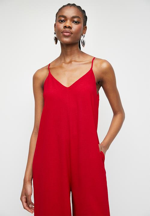 Superbalist - Strappy V Neck Jumpsuit with Wide Leg - Red