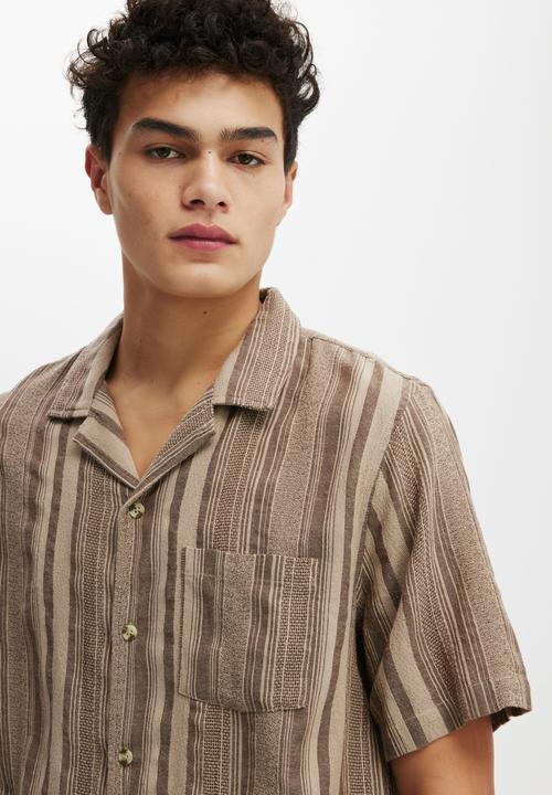Cotton On - Riviera Short Sleeve Shirt - Latte Stripe