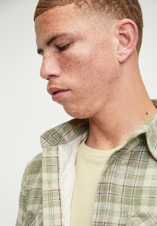 STYLE REPUBLIC - Hooded Flannel Check Shacket - Stone/Ecru