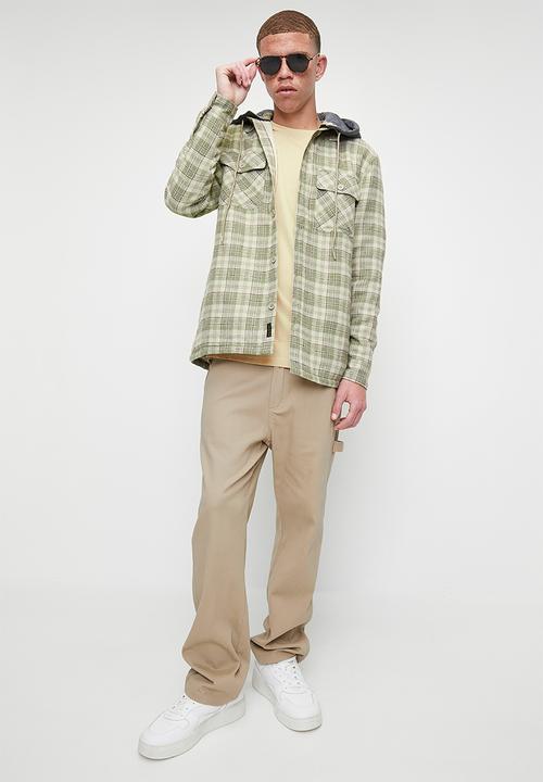 STYLE REPUBLIC - Hooded Flannel Check Shacket - Stone/Ecru
