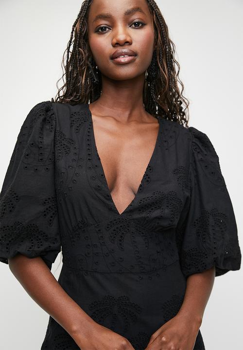MILLA - Puff sleeve anglaise fit & flare maxi dress - black