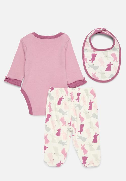 Pop Candy - 3 Piece printed bodyvest legging & bib set - dark pink & ecru