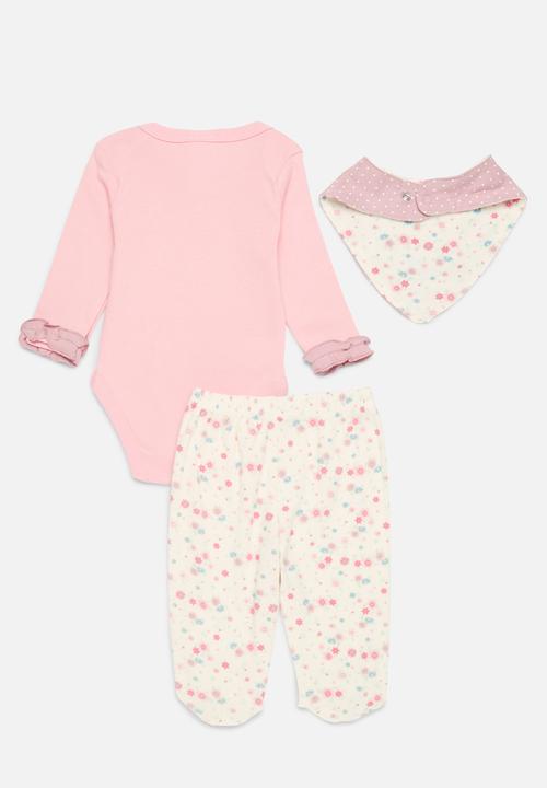 Pop Candy - 3 Piece printed bodyvest legging & bib set - pink & ecru