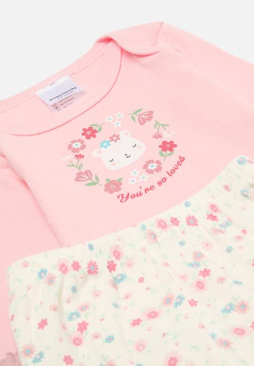 Pop Candy - 3 Piece printed bodyvest legging & bib set - pink & ecru