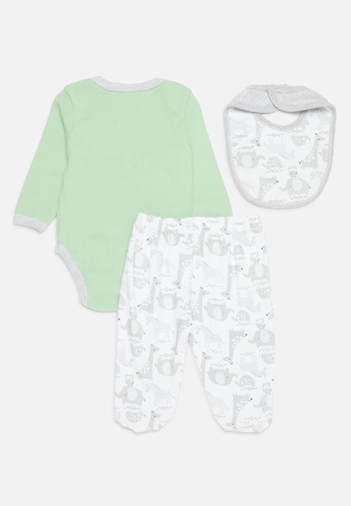 Pop Candy - 3 Piece printed bodyvest legging & bib set - sage green & grey