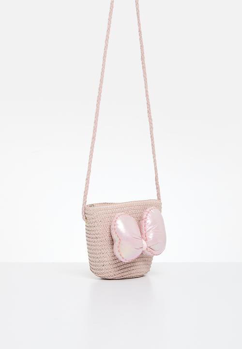 Pop Candy - Bow knot décor straw bag - Pink & beige