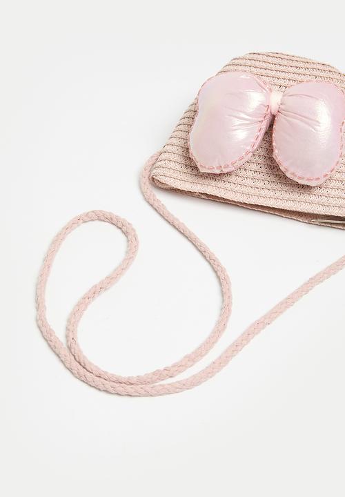 Pop Candy - Bow knot décor straw bag - Pink & beige
