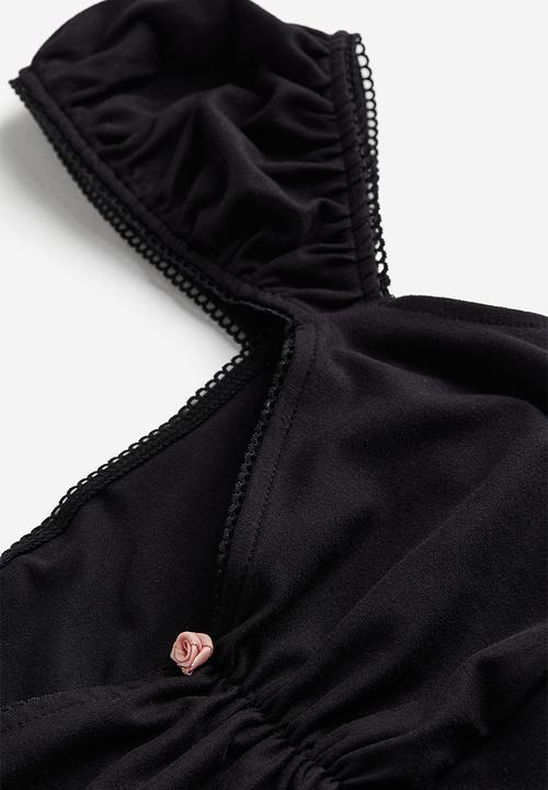 H&M - Picot-trimmed puff-sleeved top - black