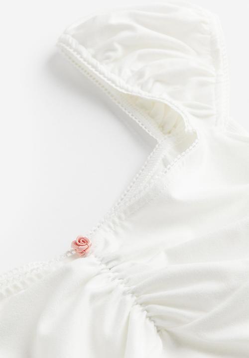 H&M - Picot-trimmed puff-sleeved top - white