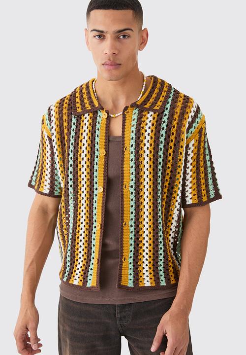 boohooMAN - Oversized Boxy Open Knit Stripe Shirt - Multi