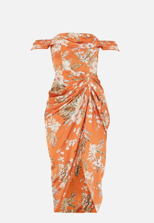 PrettyLittleThing - Floral Print Satin Draped Bardot Midi Dress - Rust