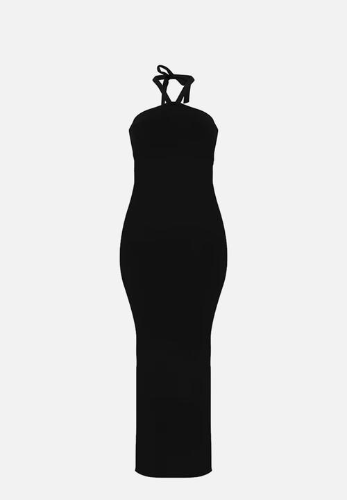 PrettyLittleThing - Soft Knit Halter Tie Maxi Dress - Black