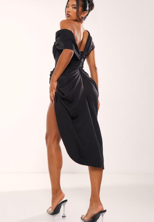PrettyLittleThing - Corset Bardot Draped Midi Dress - Black