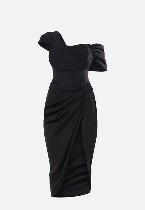PrettyLittleThing - Corset Bardot Draped Midi Dress - Black