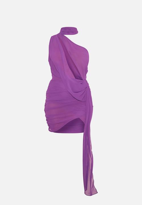 PrettyLittleThing - Sheer Chiffon Ruched Detail Asymmetric Drape Bodycon Dress - Purple