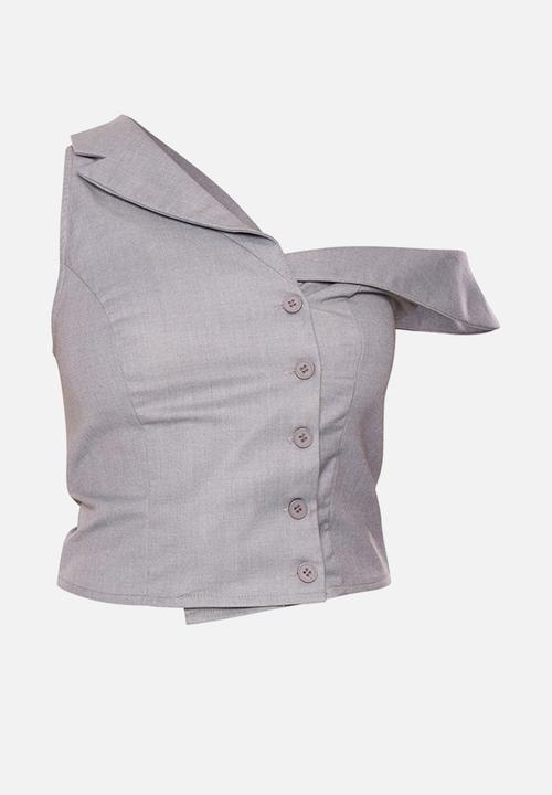 PrettyLittleThing - Woven Asymmetric Button Up Tailored Top - Light Grey