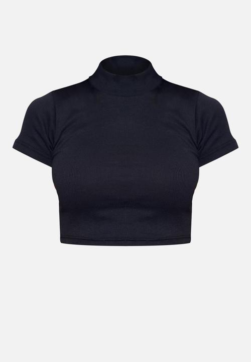 PrettyLittleThing - Basic Rib High Neck Short Sleeve Crop Top - Black