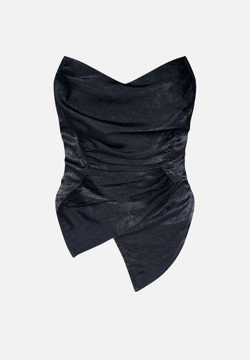 PrettyLittleThing - Hammered Satin Asymmetric Pointed Hem Corset - Black