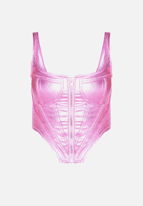 PrettyLittleThing - Metallic Denim Stitch Detail Corset - Pink