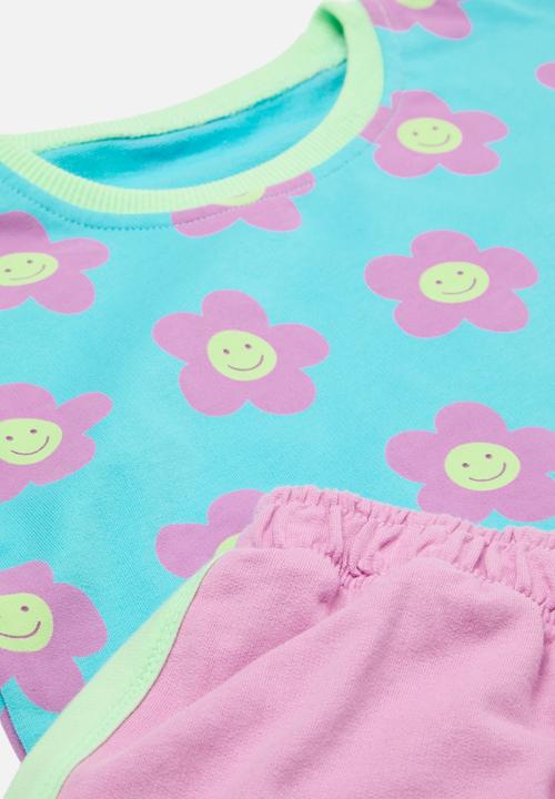 Pop Candy - Colour block floral top & bottom set - purple & blue