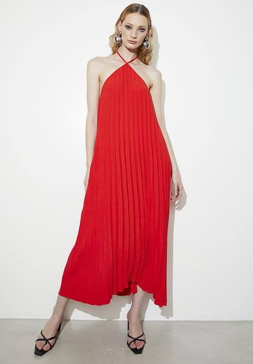 VELVET - pleated trapeze midi dress - red.