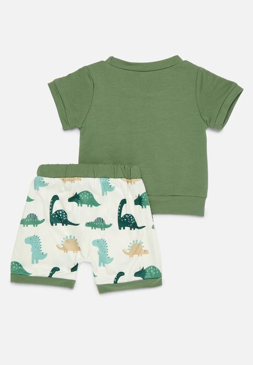 Pop Candy - Printed tee & shorts set-green & white