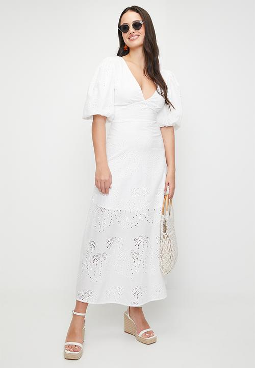Puff sleeve anglaise fit & flare maxi dress - white