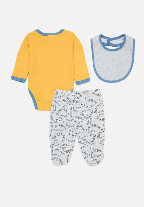Pop Candy - 3 Piece printed bodyvest legging & bib set - mustard & grey