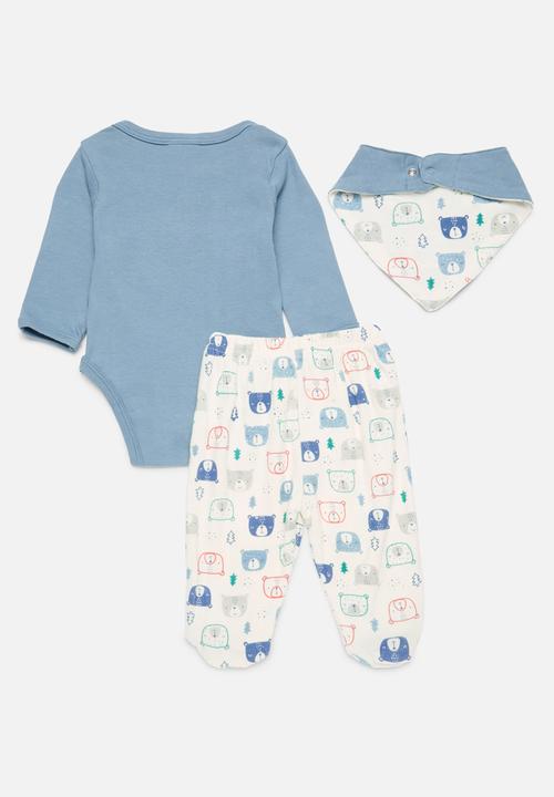 Pop Candy - 3 Piece printed bodyvest legging & bib set - blue & ecru