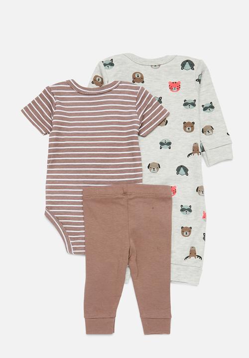 Pop Candy - 3 Piece romper bodyvest & legging set-brown & grey