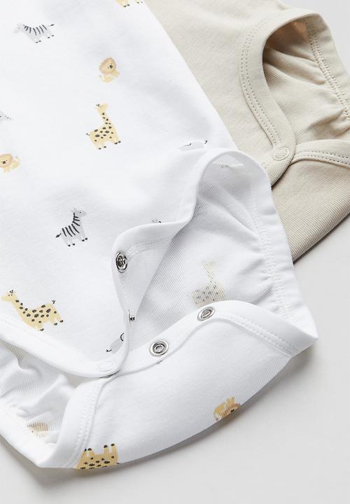 H&M - 2-Pack short-sleeved bodysuits - Light beige Safari animals